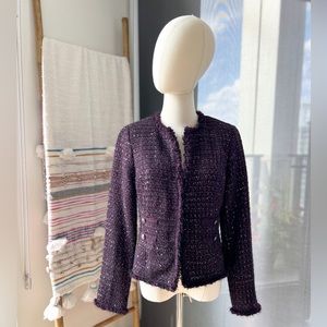 White House Black Market Purple Tweed Fringe Jacket